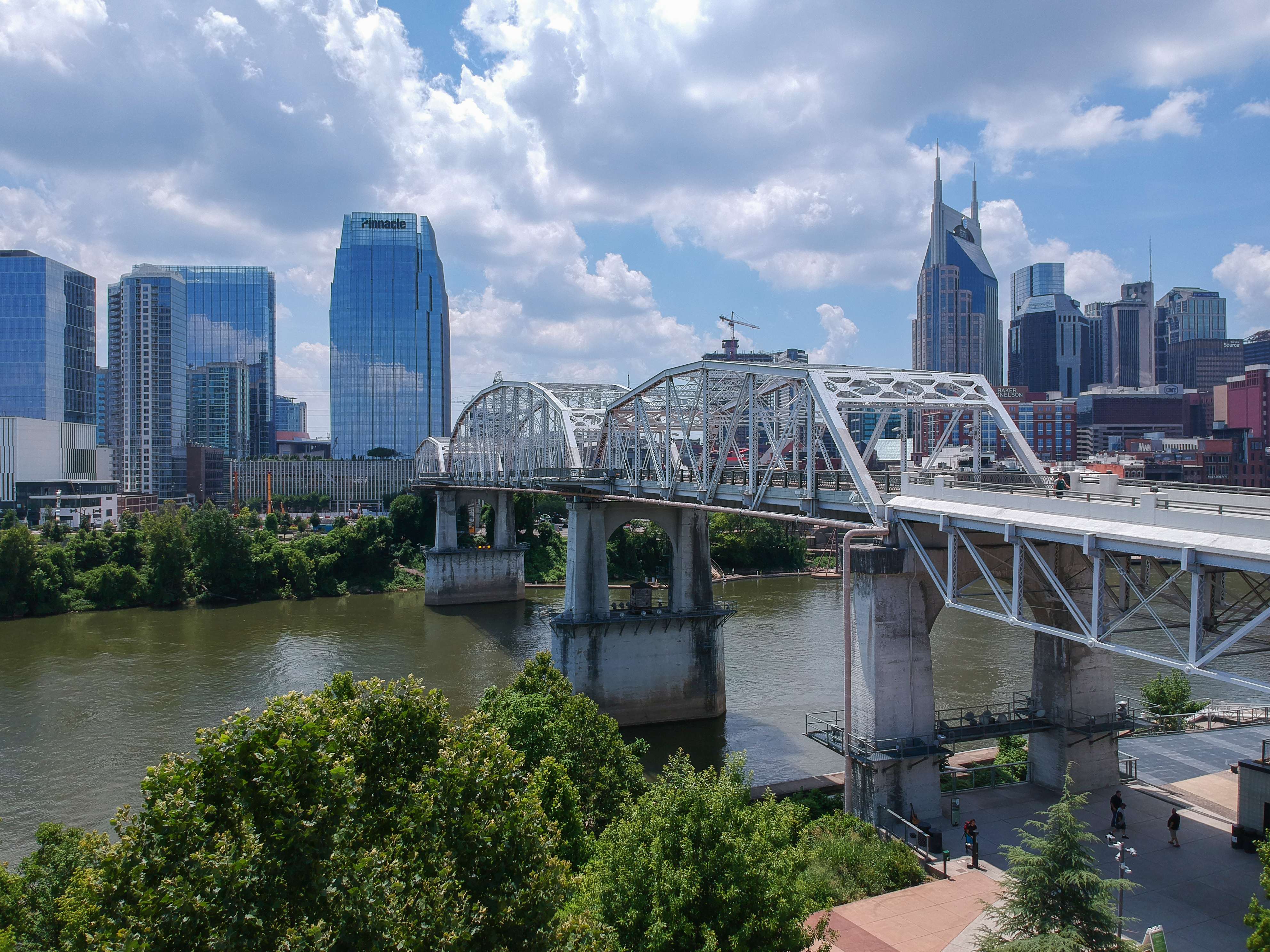 Drone view of John Seigenthaler Pedestrian Bridge