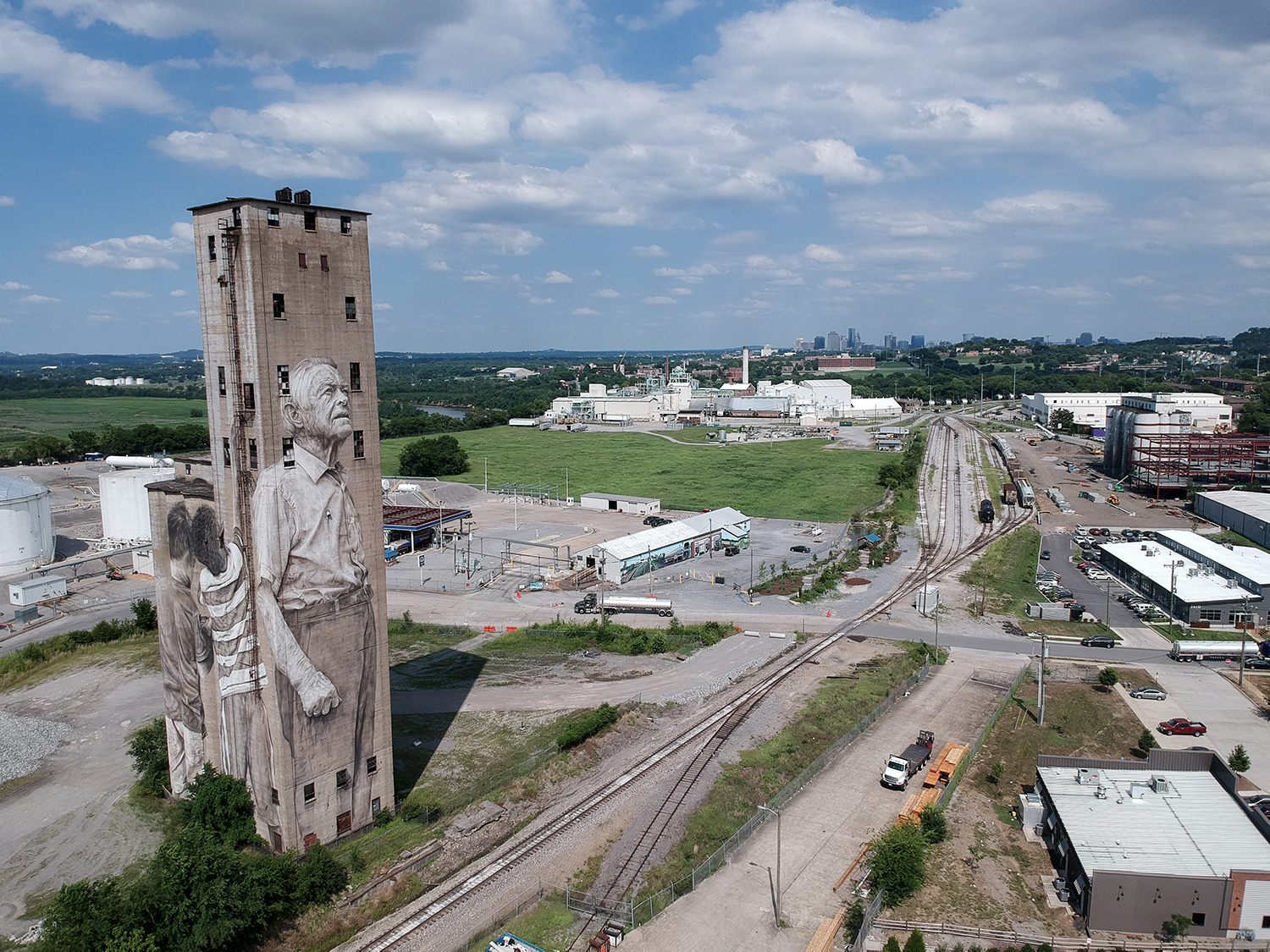 Drone Picture Silo Mural with Nashville Skyline